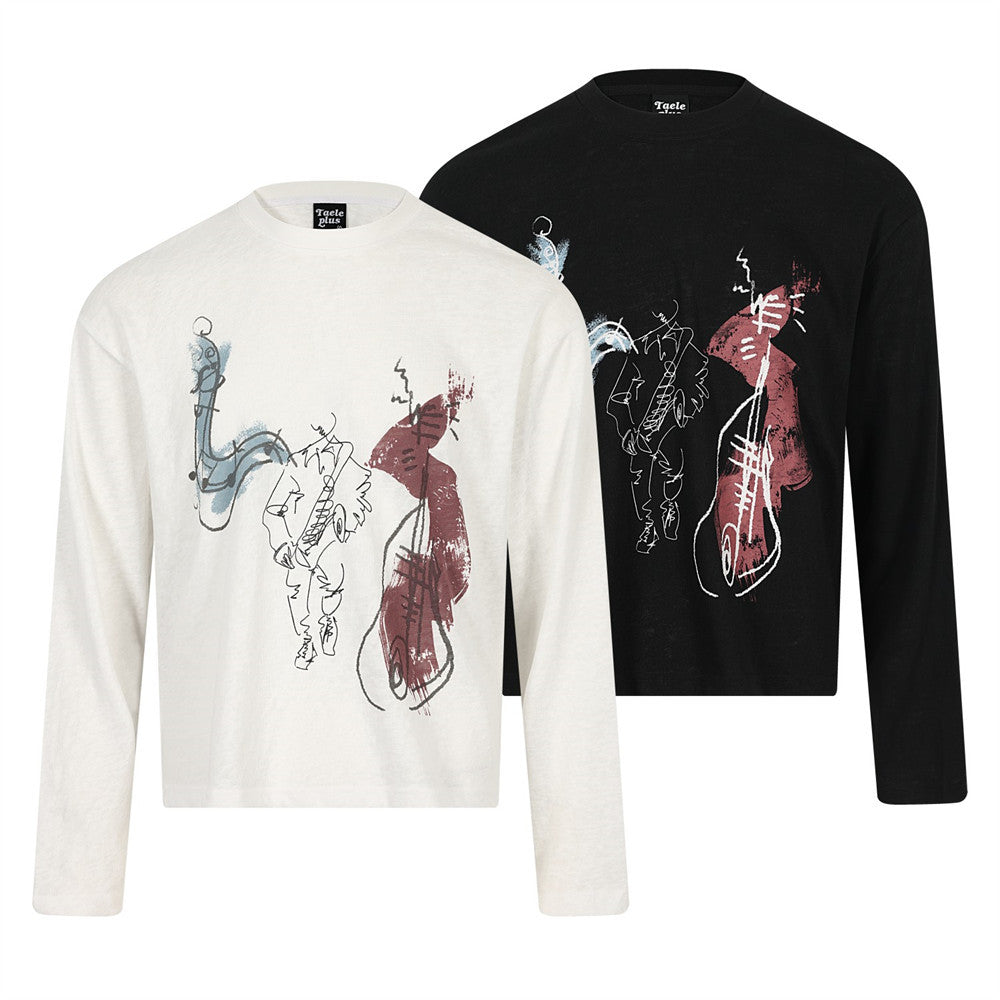 Long Sleeve T-Shirt with Abstract Jazz Musician Print – Crew Neck