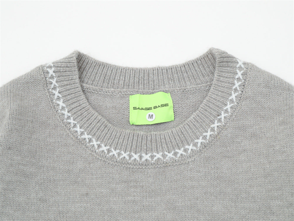 Crew Neck Sweater Men's Oversized Embroidered Knit Pullover