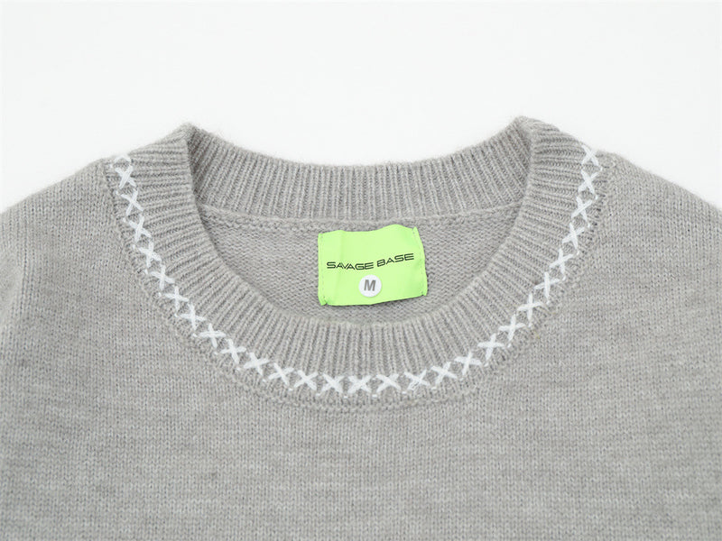 Crew Neck Sweater Men's Oversized Embroidered Knit Pullover