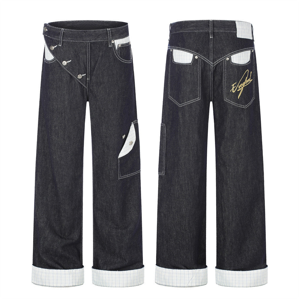 Herren Straight-Fit-Jeans – Wide-Leg-Rohdenim mit diagonalem Knopfverschluss und Karomuster
