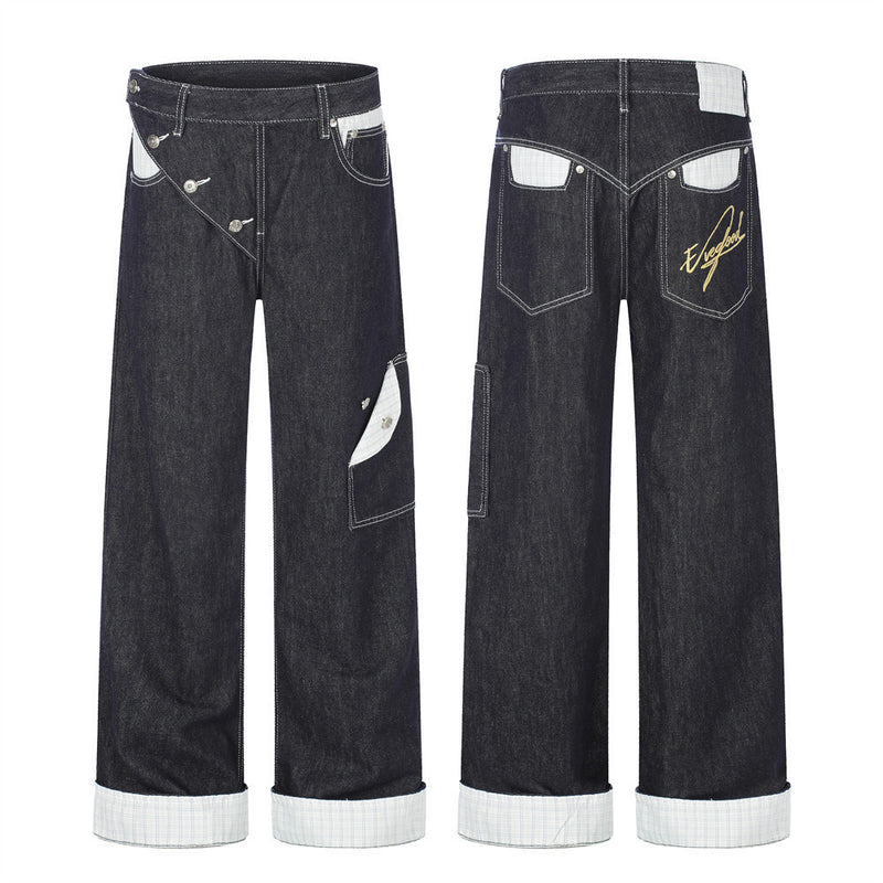 Herren Straight-Fit-Jeans – Wide-Leg-Rohdenim mit diagonalem Knopfverschluss und Karomuster