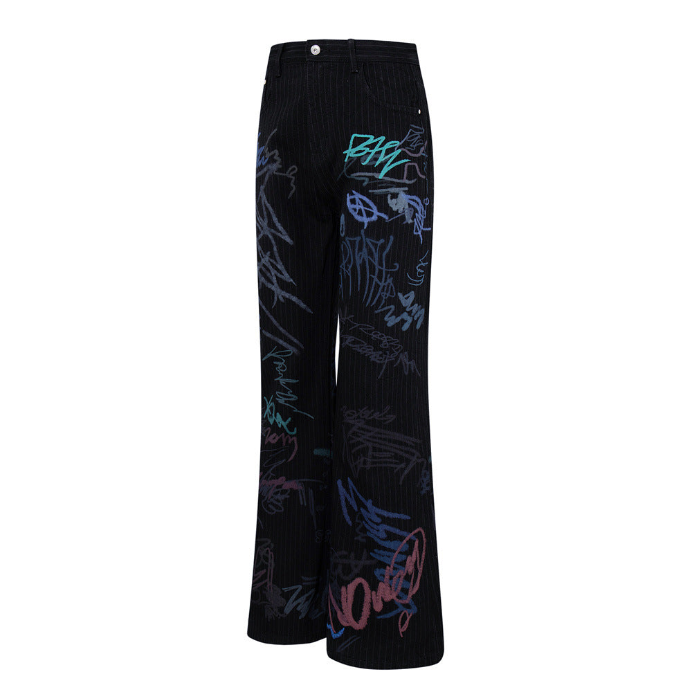 Graffiti Print Pinstripe Wide-Leg Jeans – Relaxed Straight Fit