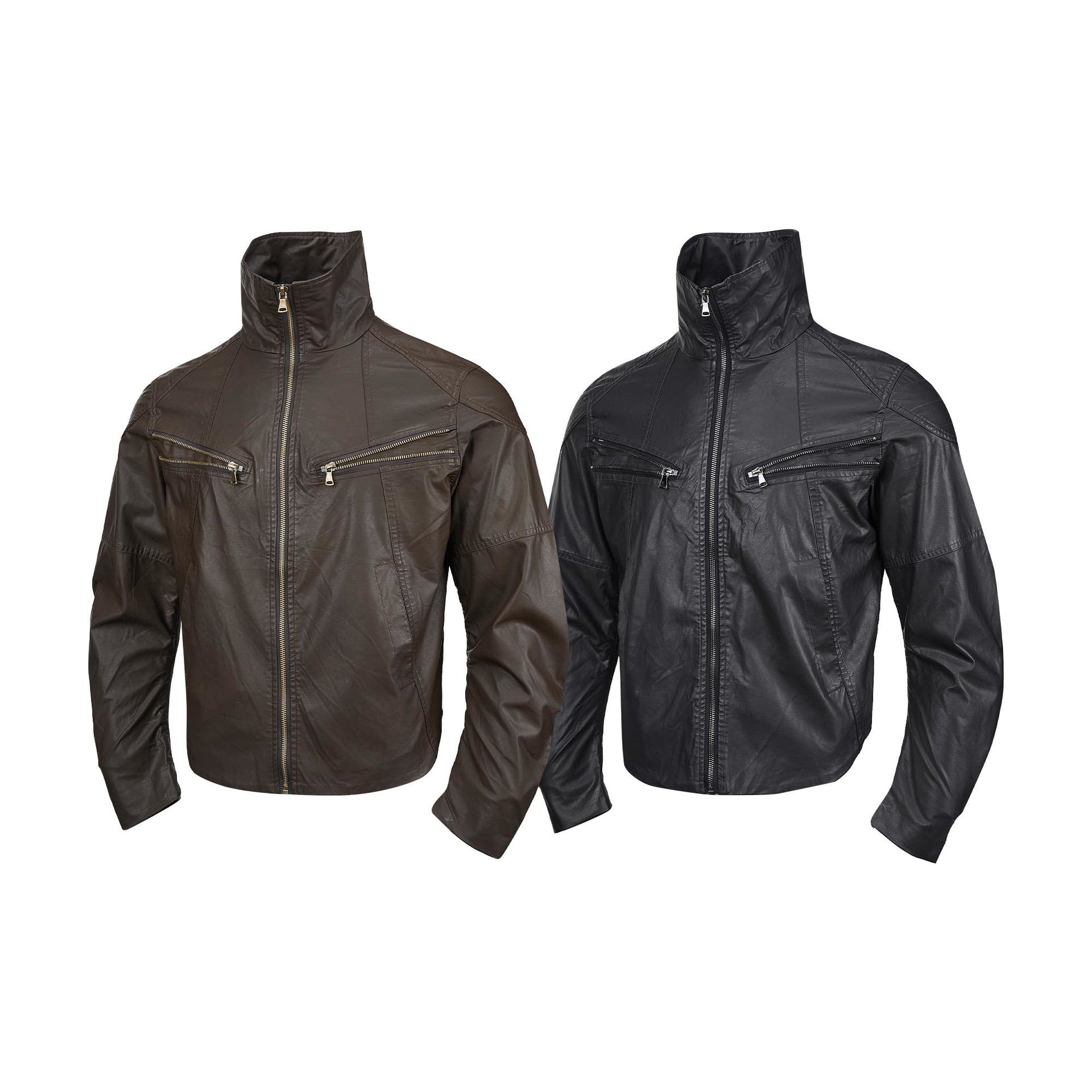 Veste moto en simili cuir – Col montant, poches zippées déconstruites, style biker rétro