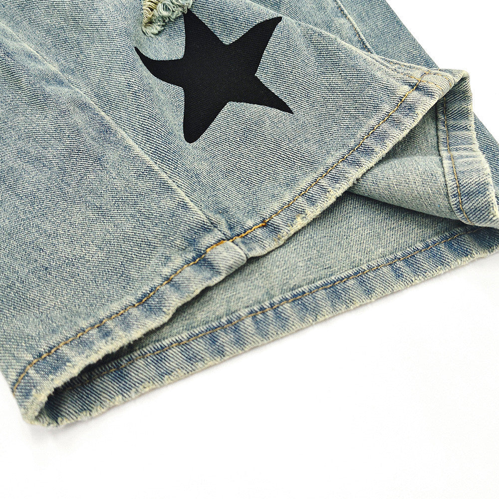 Star Print Distressed Wide Leg Jeans – Asymmetric Cargo Pocket Washed Denim