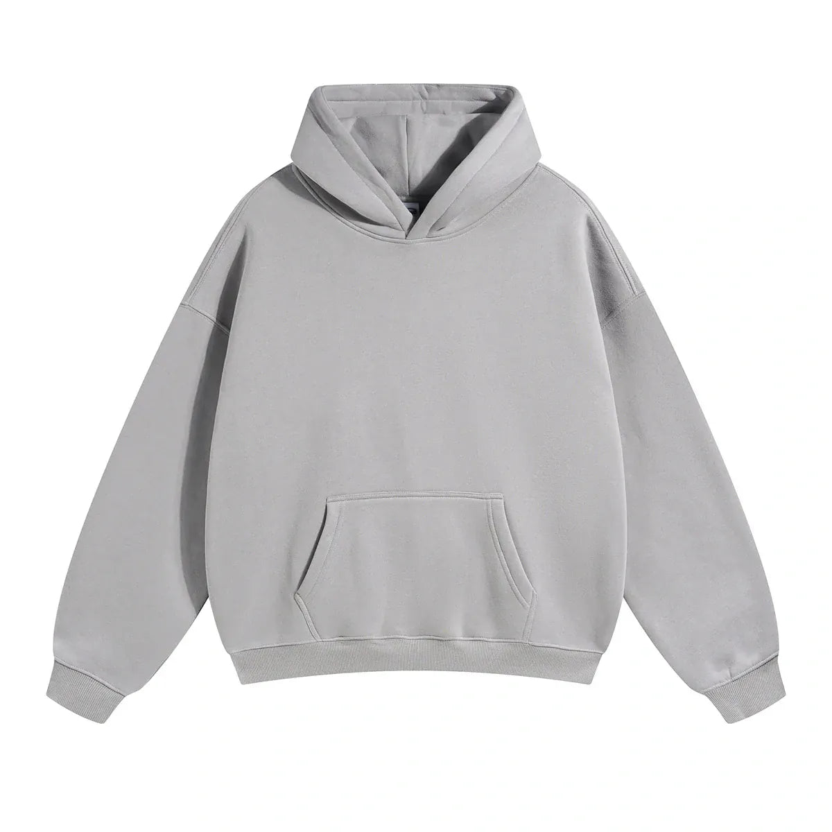 The Custom Anime Character Light Gray Hoodie is a 350GSM 100% cotton pullover with long sleeves, ribbed cuffs and hem, plus a front kangaroo pocket, shown laid flat on a white background.