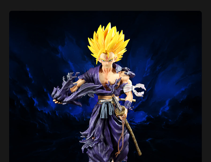 The 28cm Future Trunks Super Saiyan Collectible Figure by Seakoff displays the Dragon Ball Z character with spiky yellow hair and a muscular build, in a dynamic sword pose, wearing a tattered purple outfit against a dark blue background.