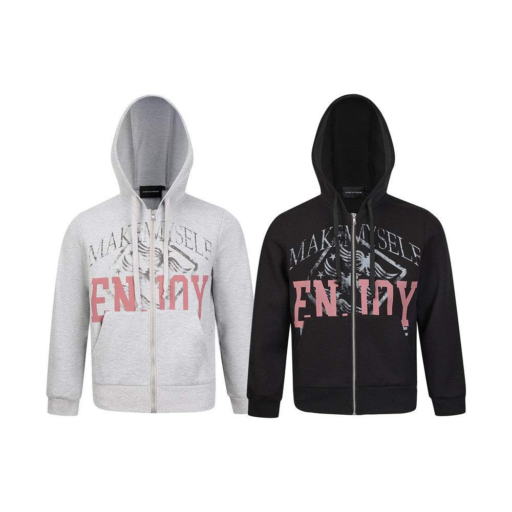 Zip Up Graphic Hoodie – MAKE MYSELF ENJOY Eagle Print Streetwear Sweatshirt