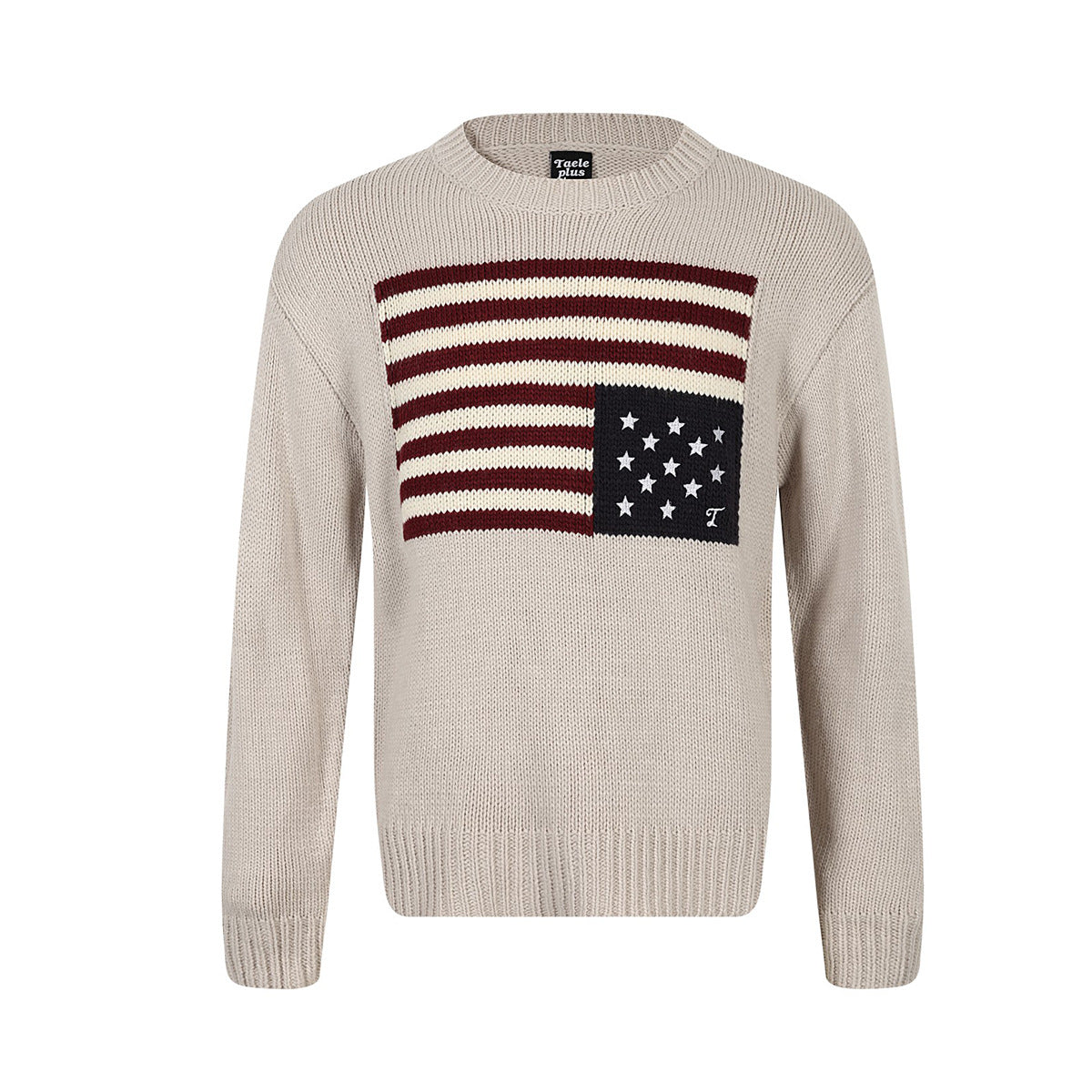 Chunky knit crewneck sweater with intarsia American flag motif in off-white with burgundy and navy stars and stripes design