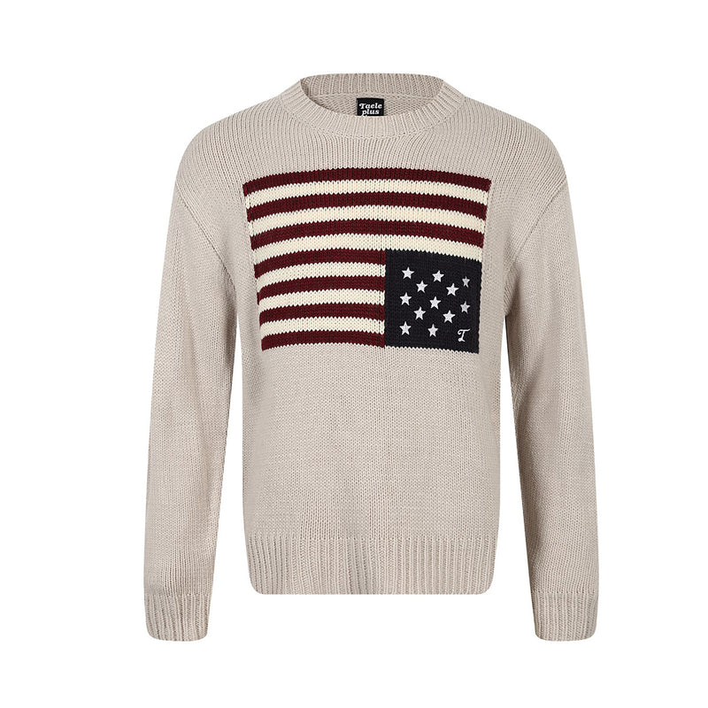 Chunky knit crewneck sweater with intarsia American flag motif in off-white with burgundy and navy stars and stripes design