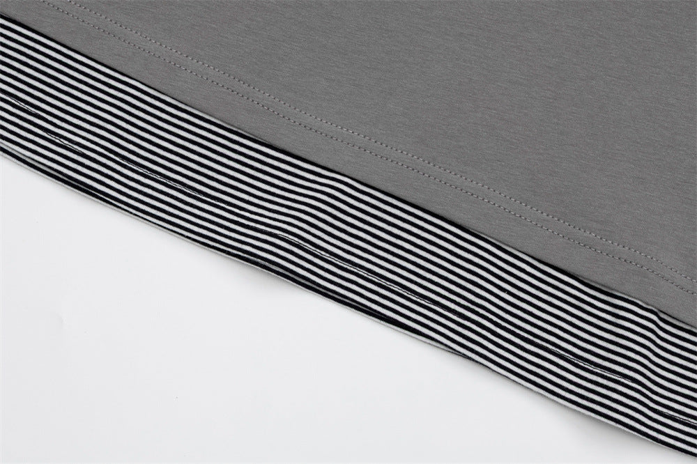 T-shirt graphique gris pour homme – Manches rayées superposées, imprimé tribal et manches longues