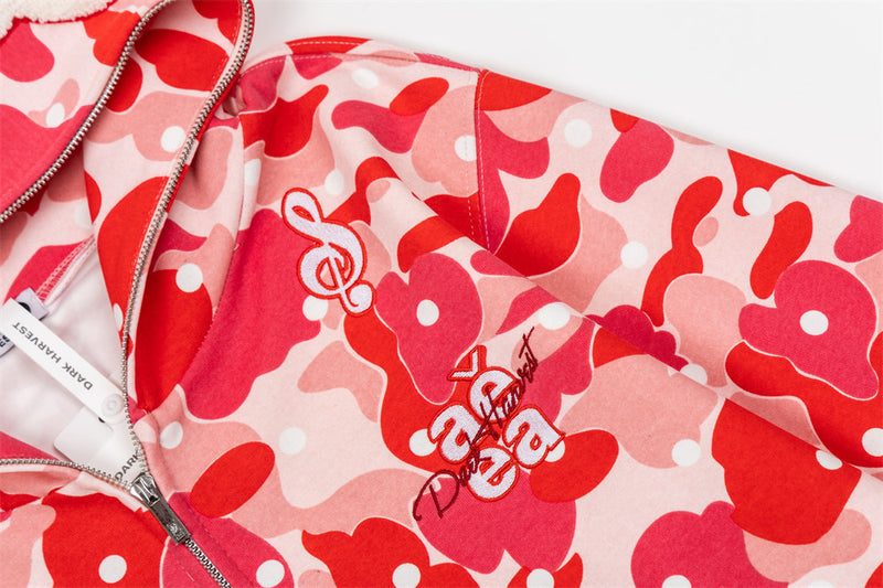 Men's Camo Zip-Up Hoodie with Music Note Embroidery – Oversized Streetwear