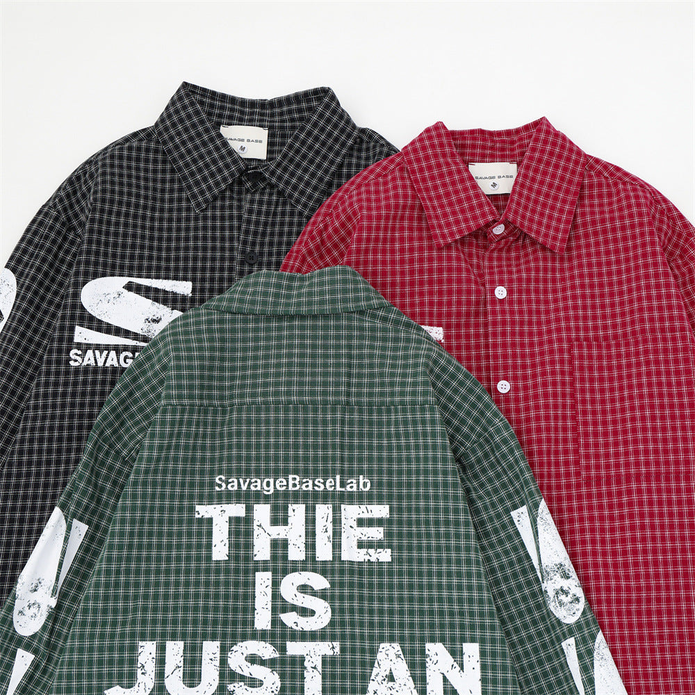 Men's Oversized Plaid Graphic Button-Up Shirt – Vintage Distressed Print Long