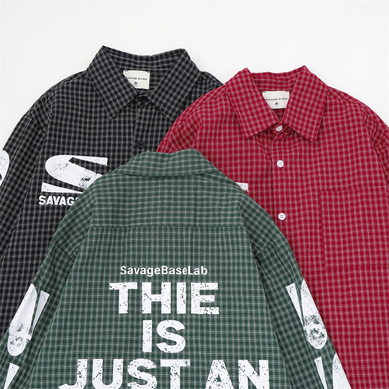 Men's Oversized Plaid Graphic Button-Up Shirt – Vintage Distressed Print Long