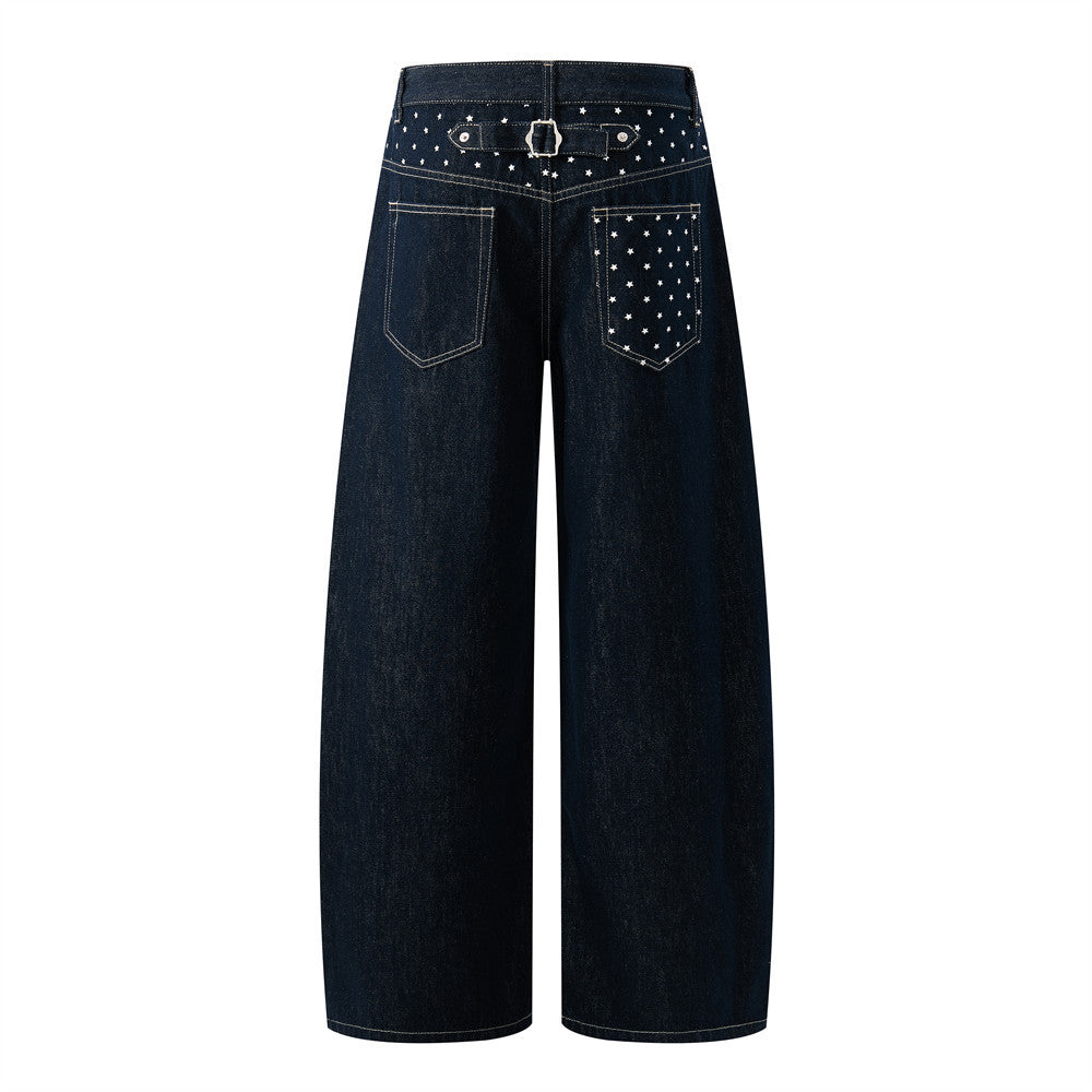 Jean homme wide leg délavé foncé avec détail de broderie étoile
