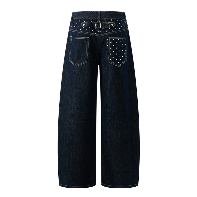 Jean homme wide leg délavé foncé avec détail de broderie étoile