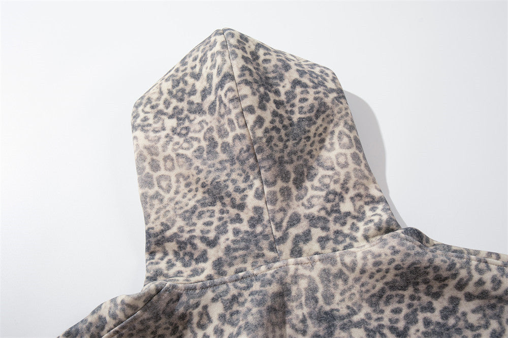 Hoodie zippé à imprimé léopard – Sweat-shirt streetwear oversize délavé