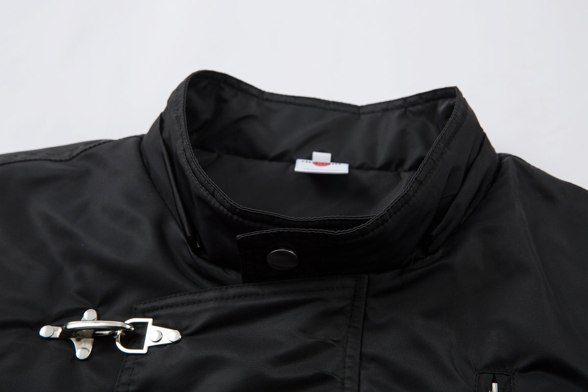 Padded Bomber Jacket with Detachable Faux Fur Hood & Ruched Sleeves in Black