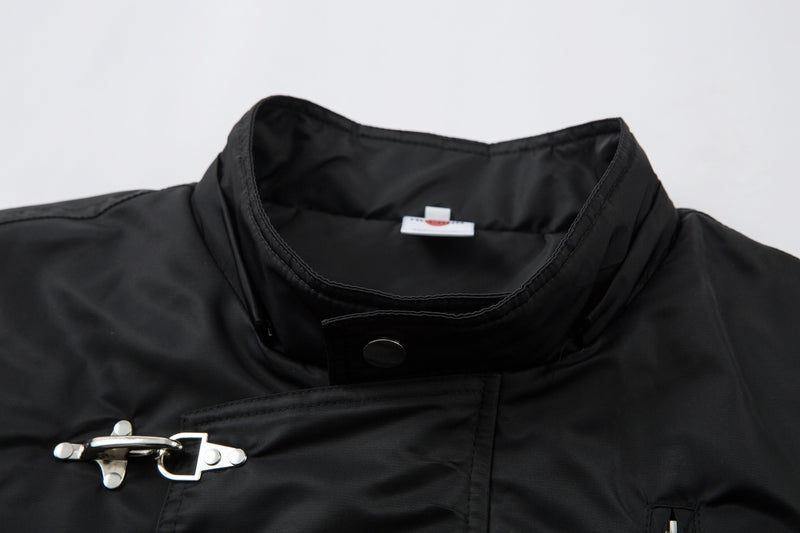Padded Bomber Jacket with Detachable Faux Fur Hood & Ruched Sleeves in Black