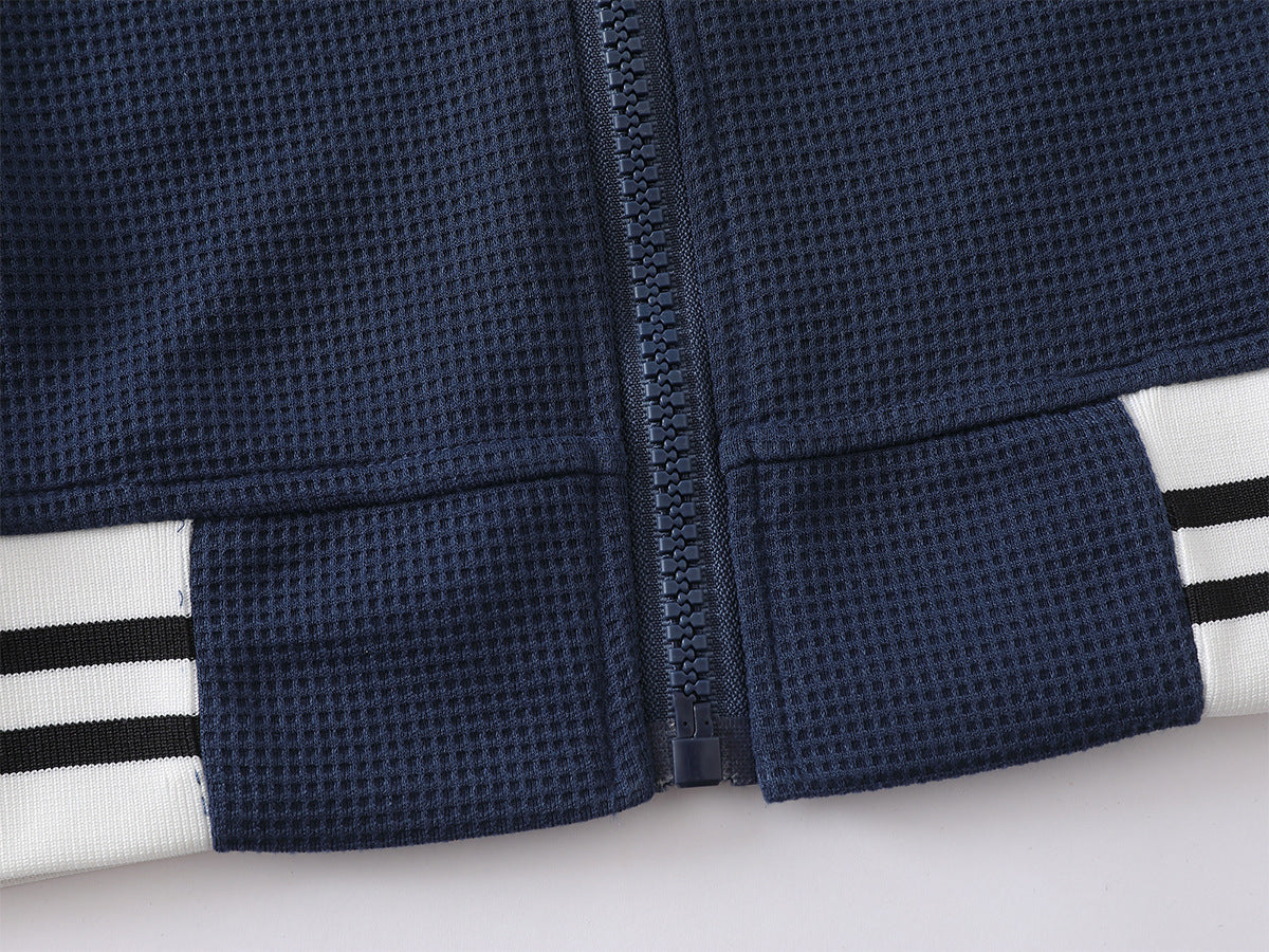 Retro-Trainingsjacken- & Sweathosen-Set – Stehkragen mit Reißverschluss und Fleur-de-Lis-Seitenstreifen