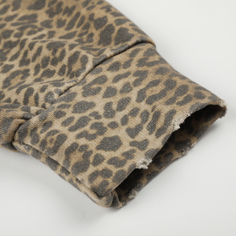 Leopard Print Zip-Up Hoodie with Distressed Letter Embroidery