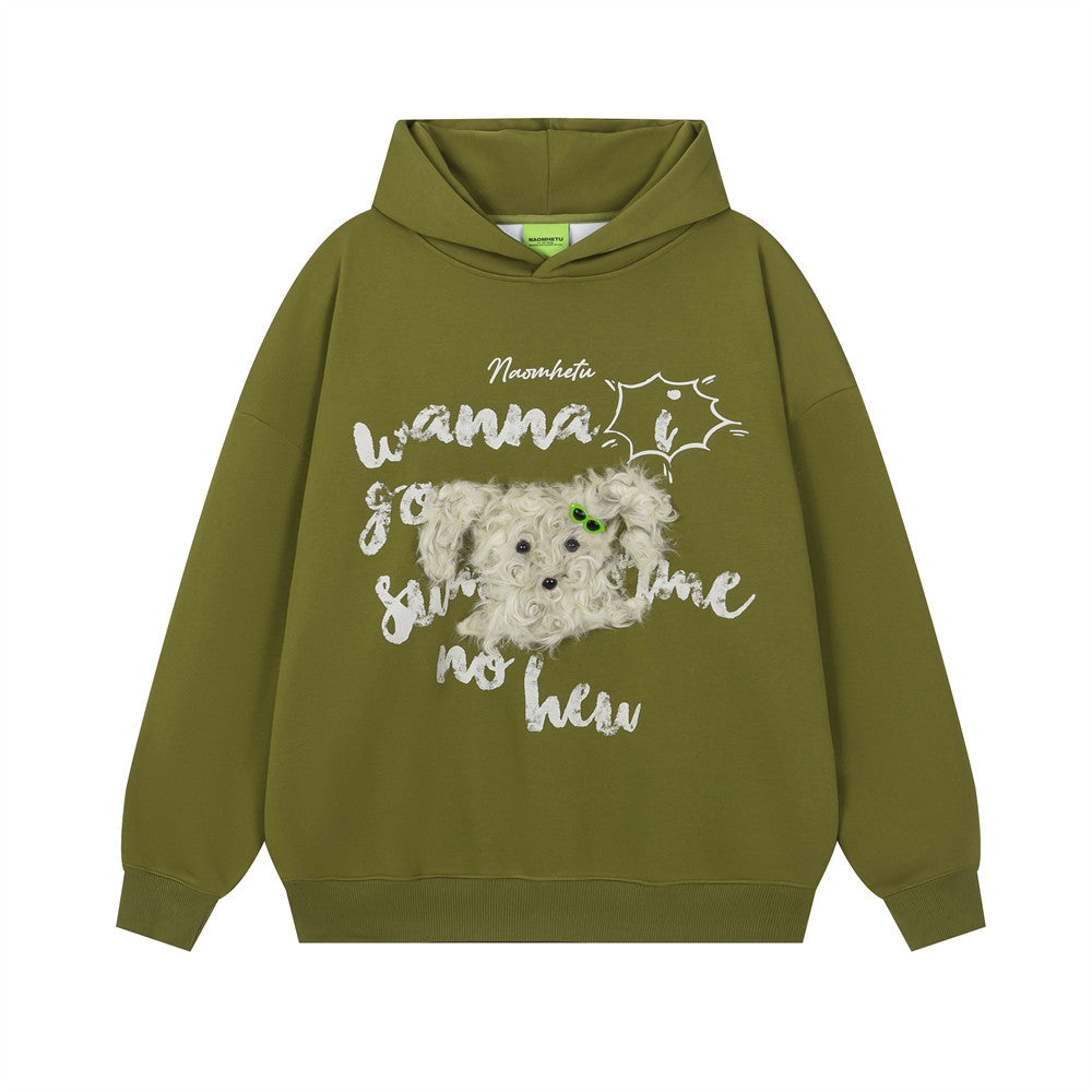 Hoodie oversize vert olive en molleton doux avec motif chiot et inscription manuscrite sur la poitrine