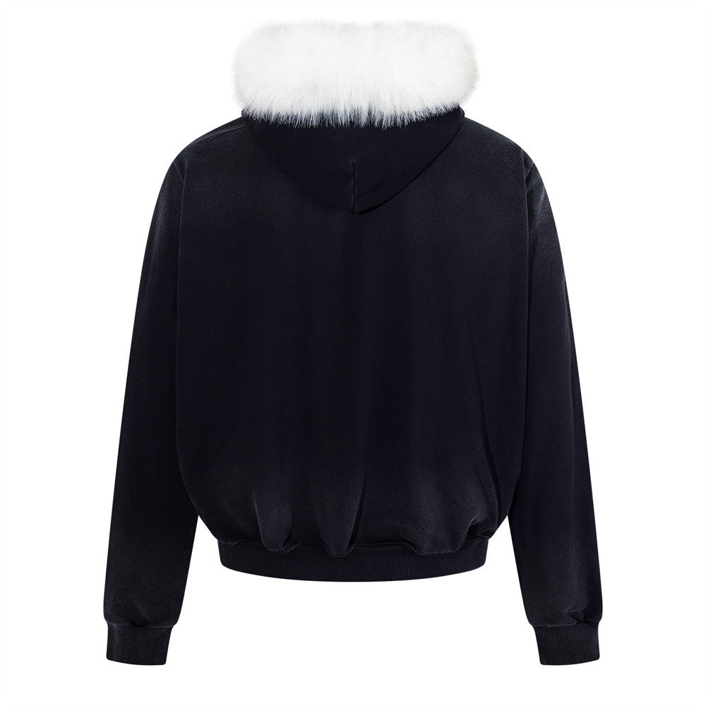 Men's Cropped Zip-Up Hoodie – Black Graphic Script with Detachable Faux Fur Hood