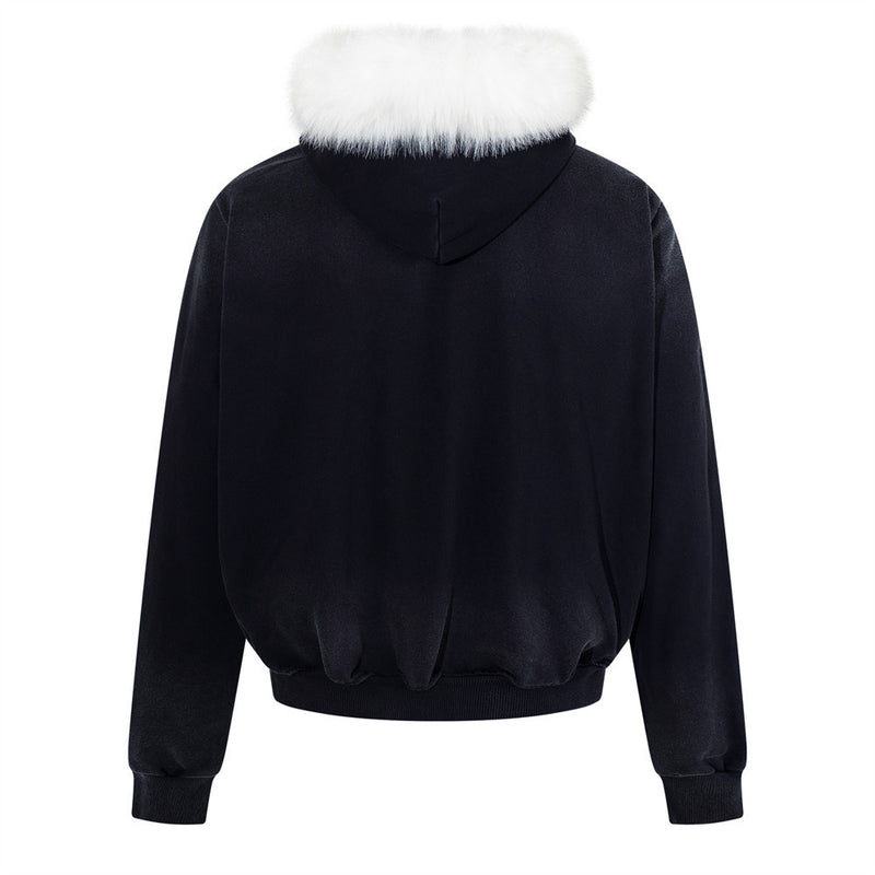 Men's Cropped Zip-Up Hoodie – Black Graphic Script with Detachable Faux Fur Hood