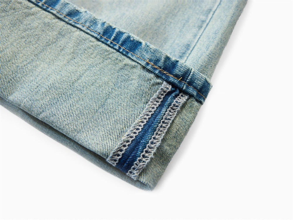 Wide-Leg Distressed Jeans – Light Wash Vintage Ripped Straight Denim