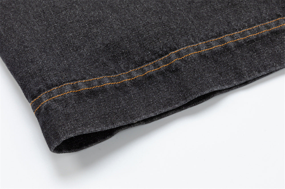 Black Denim Jacket with Embroidered Stitch Detail and Studded Accents