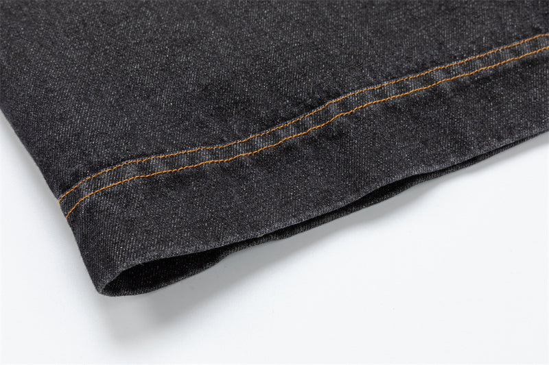 Black Denim Jacket with Embroidered Stitch Detail and Studded Accents