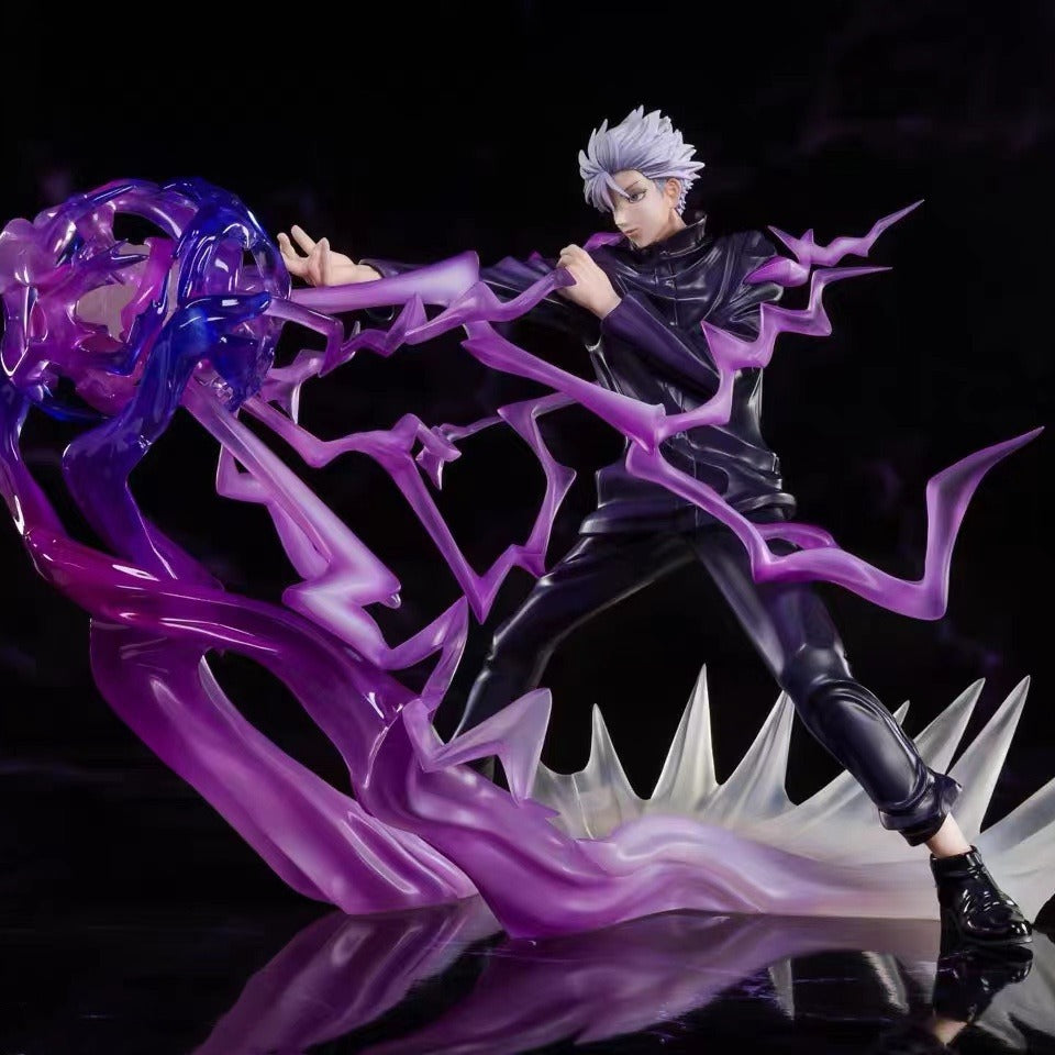 The Jujutsu Kaisen Satoru Gojo PVC Figure, a 1/7 scale action figure, showcases a dynamic pose with spiky white hair and black outfit, encircled by purple energy waves, capturing the character&