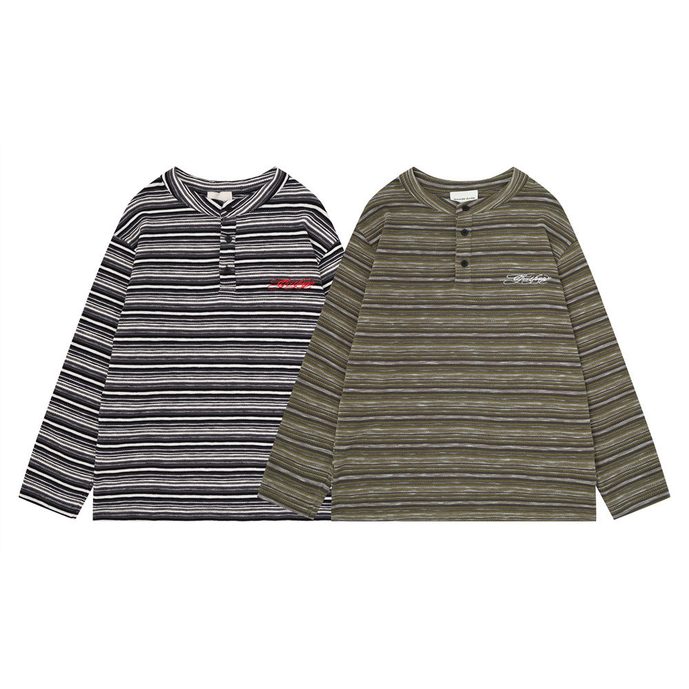 Camisa Henley de manga larga a rayas para hombre – Prenda de punto de corte holgado con botones