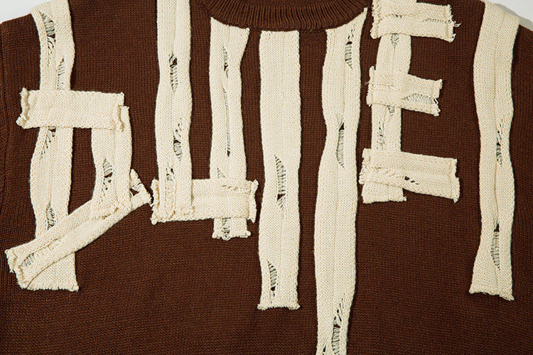 Distressed Letter Appliqué Crewneck Knit Sweater – Oversized Streetwear Pullover