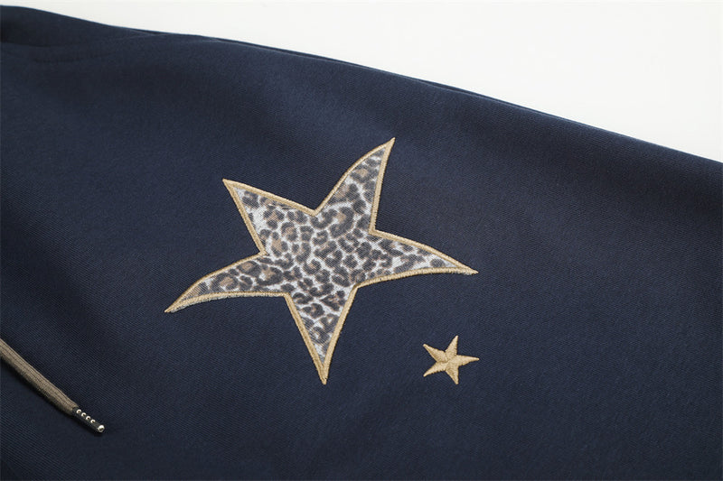 Wide Leg Star Patch Sweatpants with Leopard Print Waistband