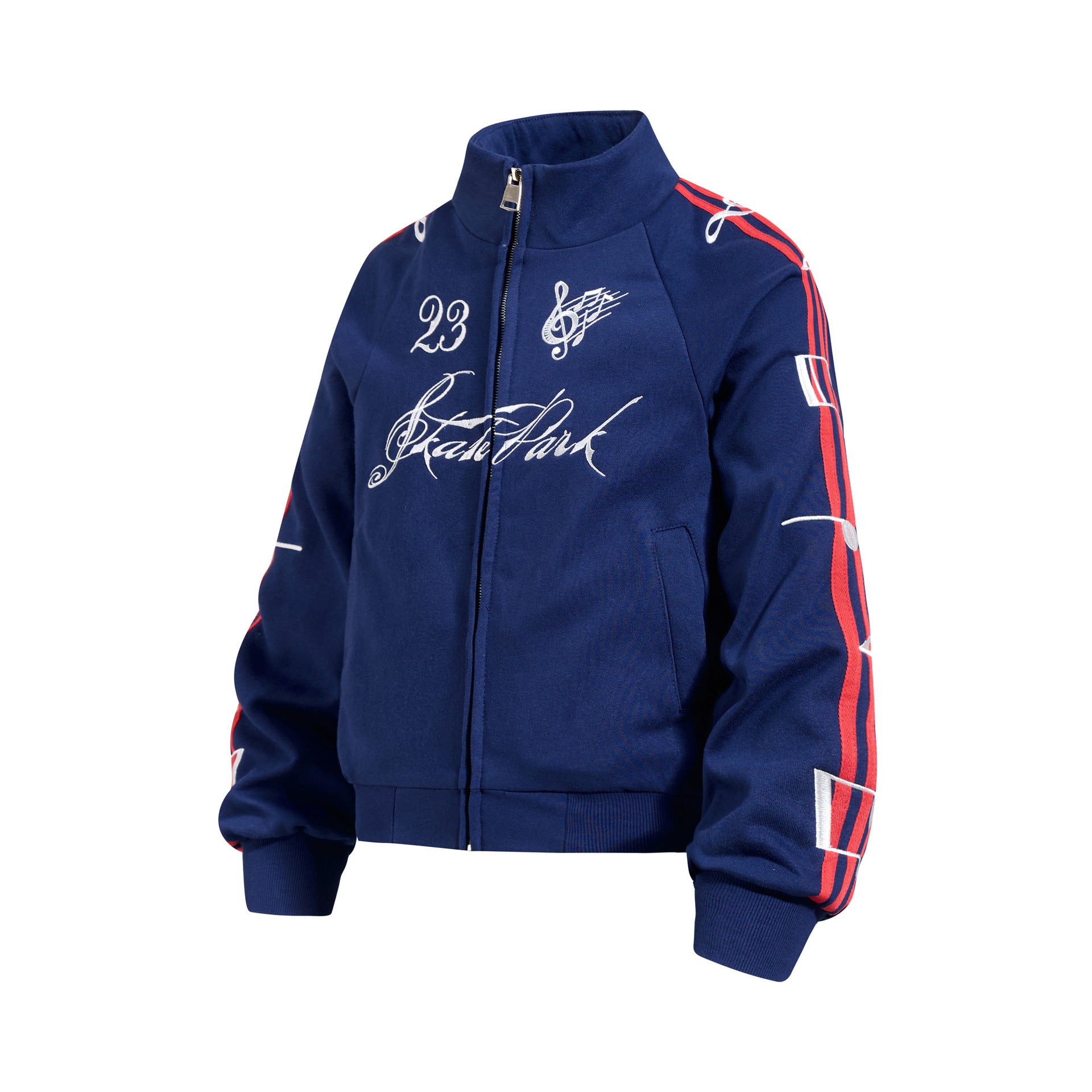 Track Jacket Stand Collar Full-Zip with Script & Music Note Graphics