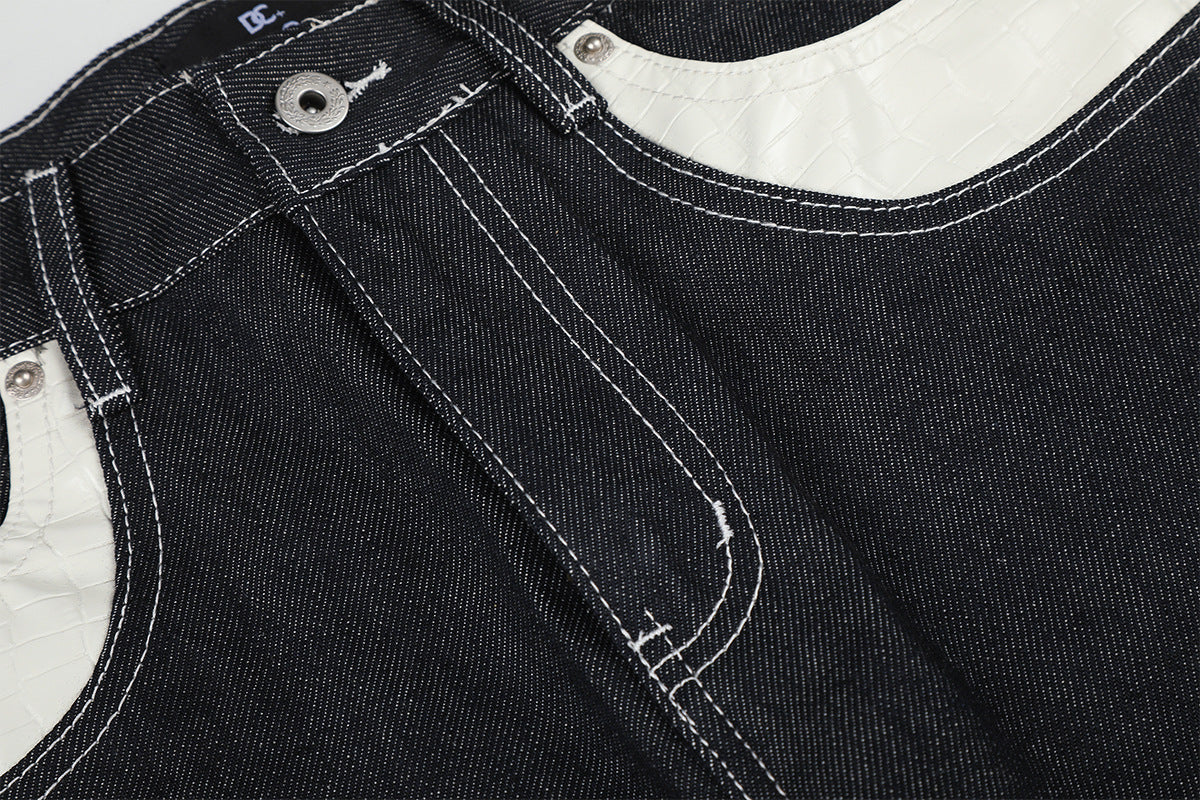Jean baggy à jambes larges avec broderies et patch en cuir motif notes de musique — Denim noir brut