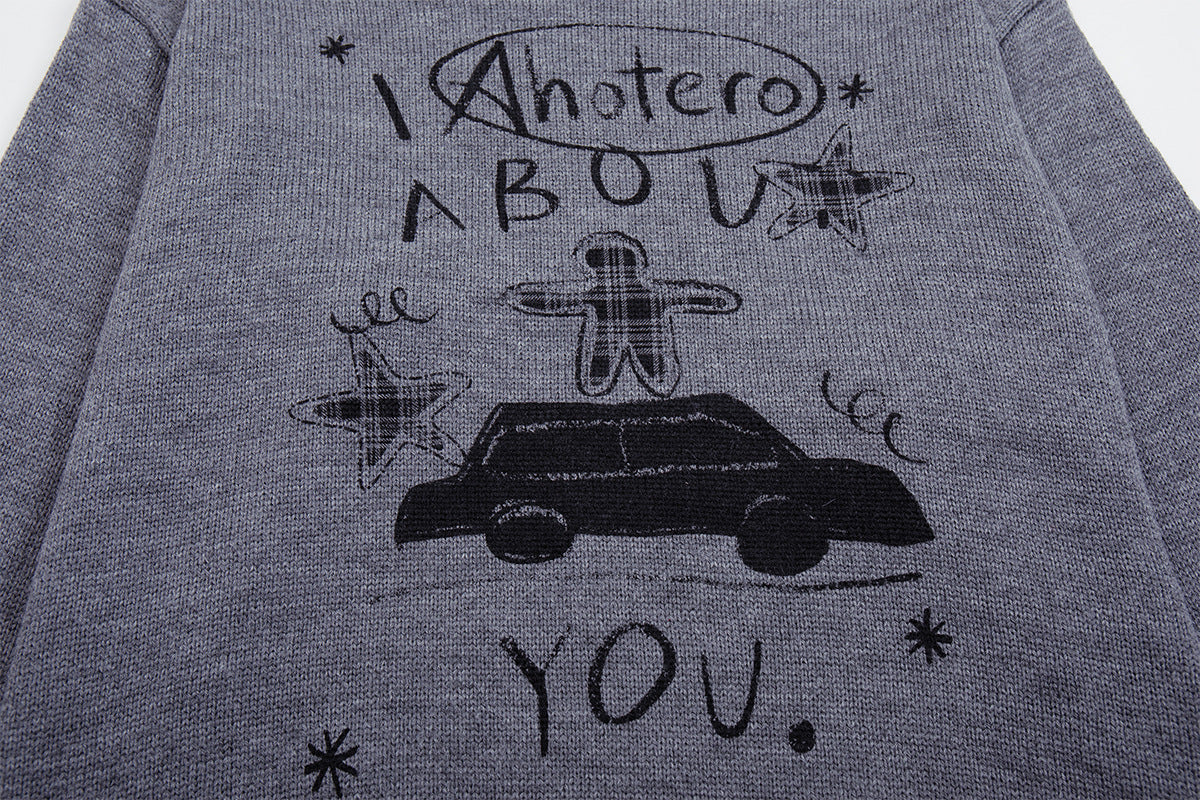 Crew Neck Graphic Knit Sweater – Retro American Campus Style