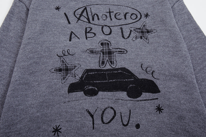 Crew Neck Graphic Knit Sweater – Retro American Campus Style