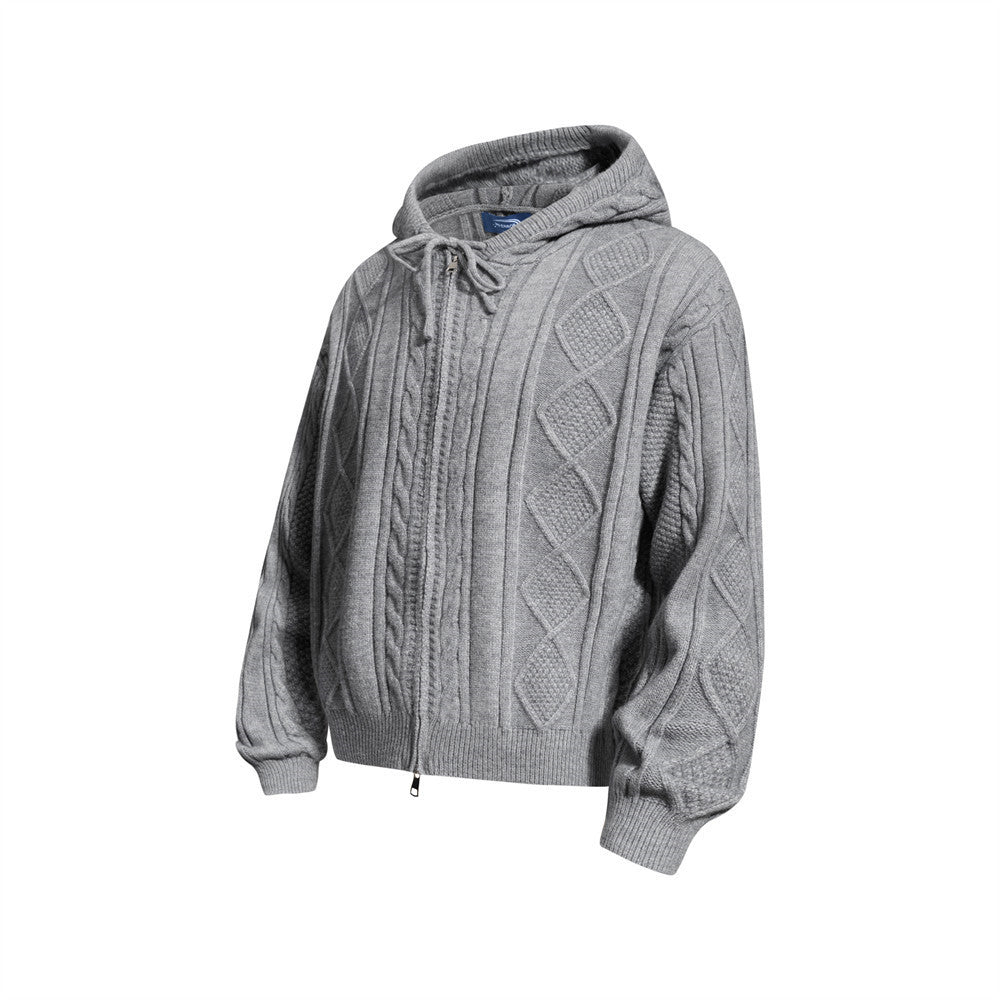 Sweat à capuche zippé en maille torsadée à motif losanges et capuche à cordon