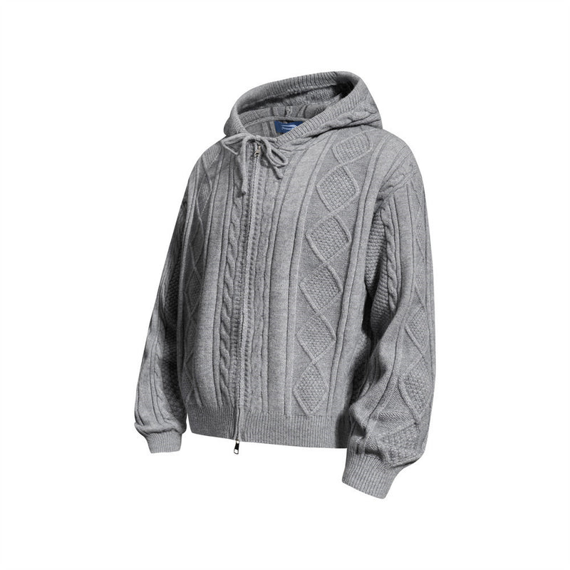Sweat à capuche zippé en maille torsadée à motif losanges et capuche à cordon
