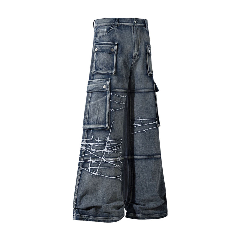 Wide-Leg Cargo Jeans with Barbed Wire Embroidery – Baggy Streetwear Denim