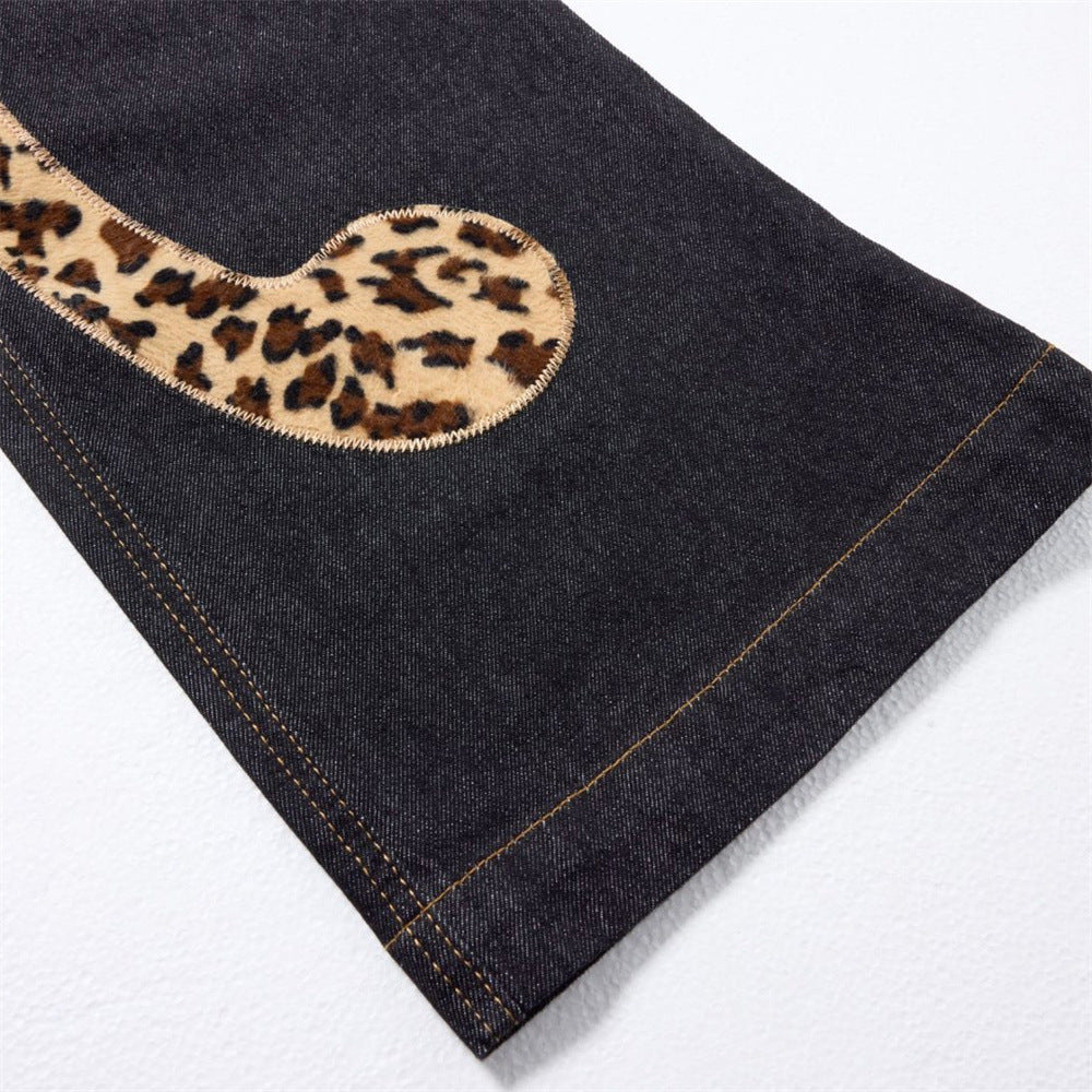 Loose Fit Jeans Men – Black Wide-Leg Denim with Leopard Print Appliqué Patches