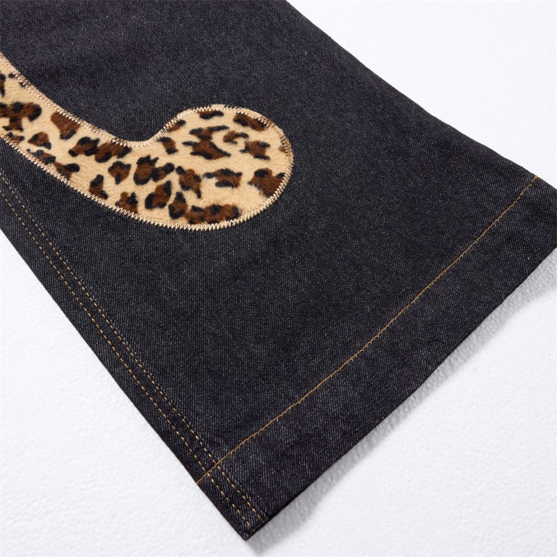 Loose Fit Jeans Men – Black Wide-Leg Denim with Leopard Print Appliqué Patches