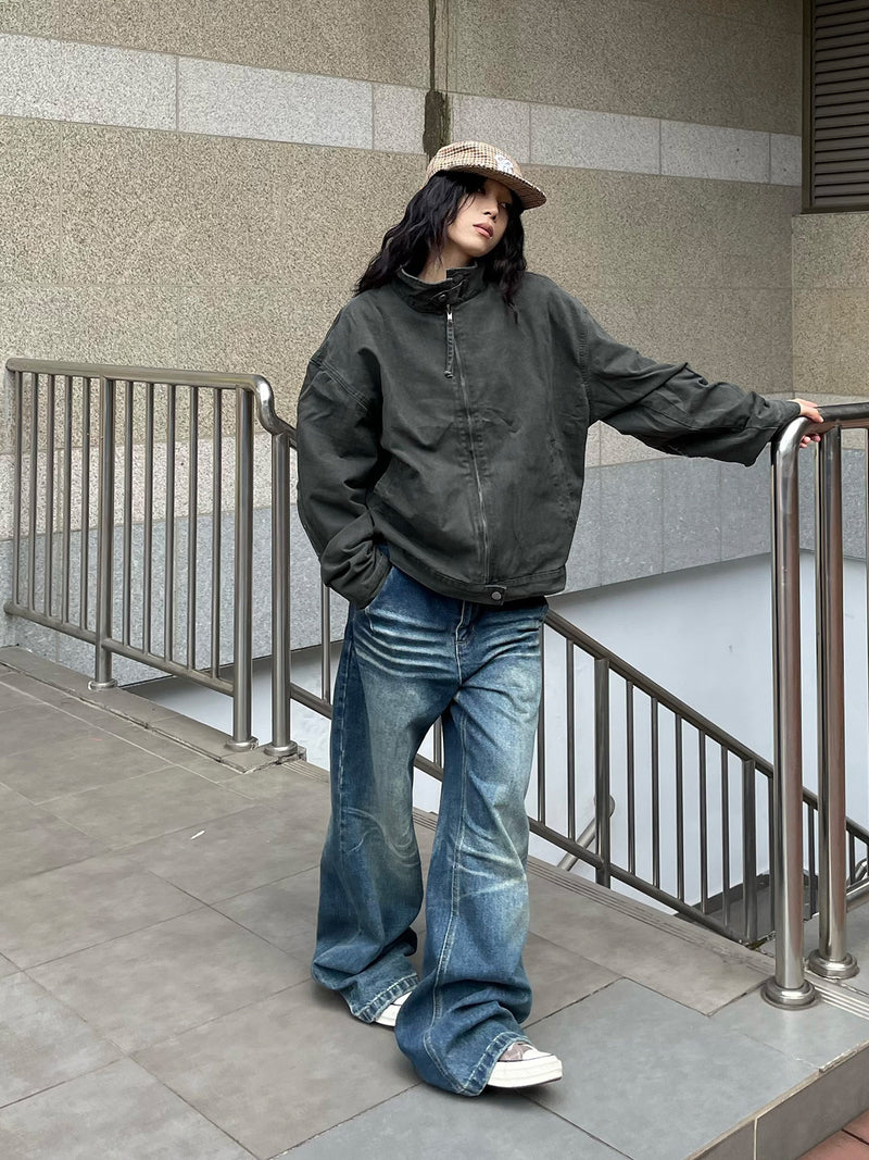 Veste Harrington boxy délavée – Col distressed vert militaire et coupe courte