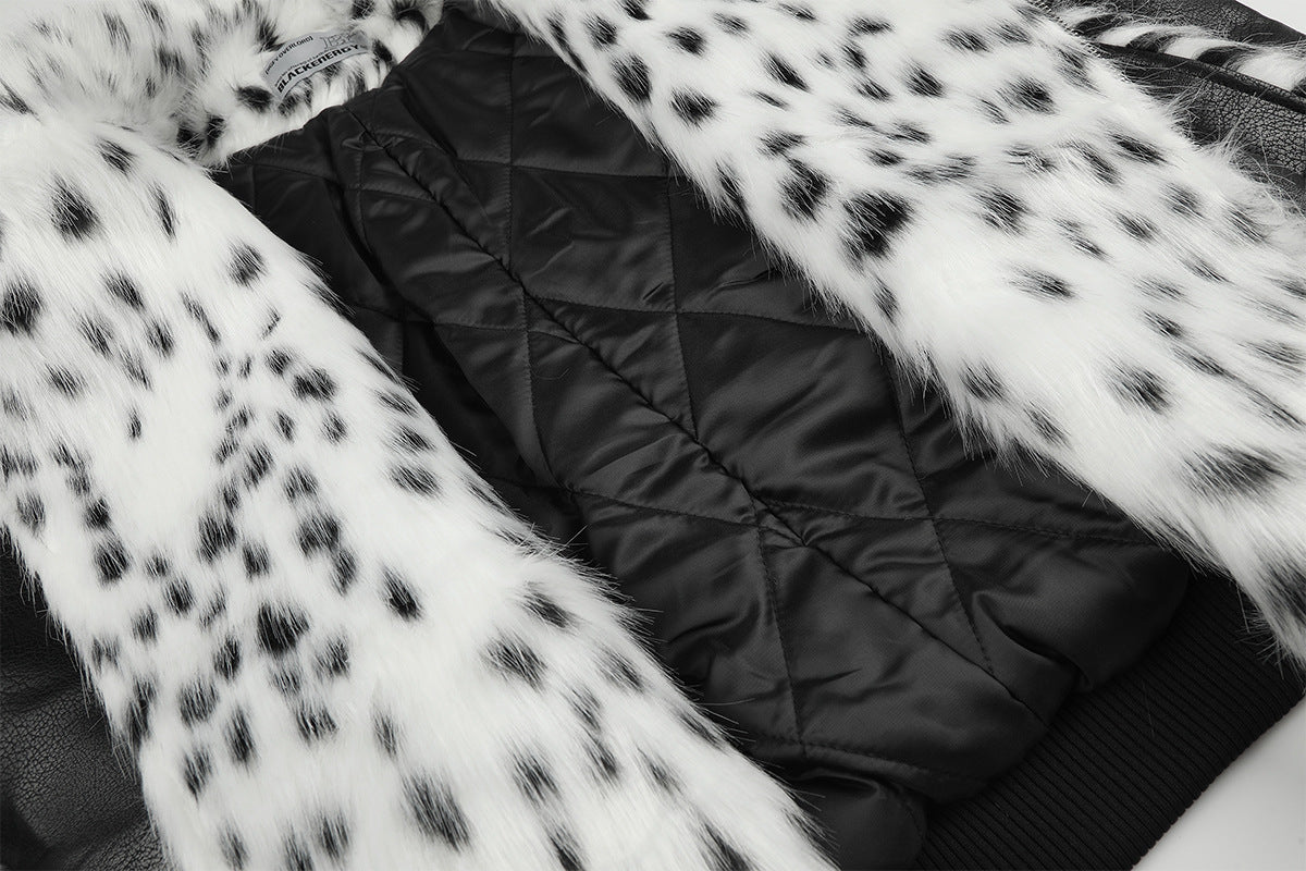 Black Faux Leather Bomber Jacket with Spotted Faux Fur Collar