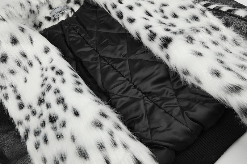 Black Faux Leather Bomber Jacket with Spotted Faux Fur Collar