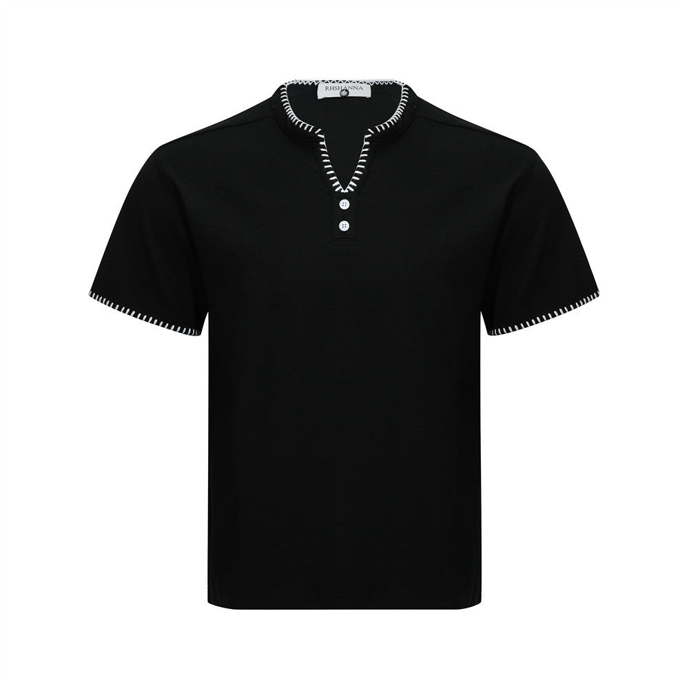Men's Henley V-Neck Short Sleeve T-Shirt with Contrast Stitch Detail