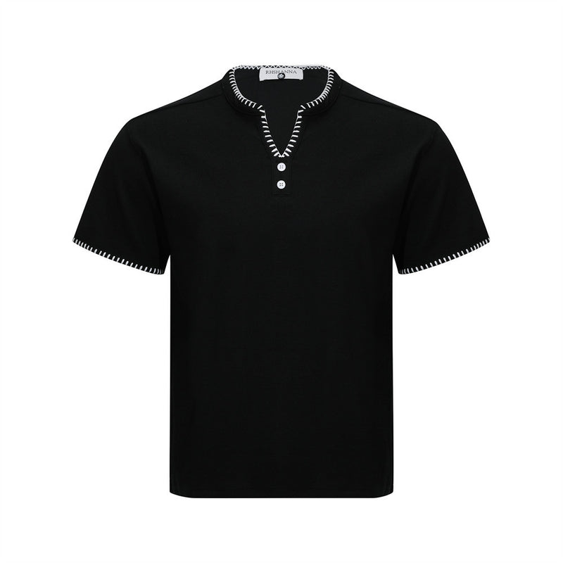 Men's Henley V-Neck Short Sleeve T-Shirt with Contrast Stitch Detail