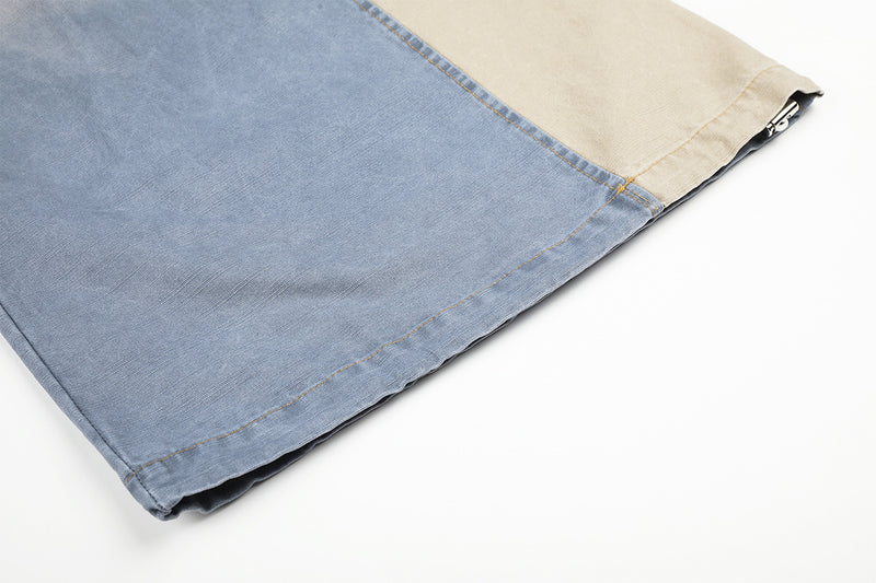 Jean wide leg délavé color block avec écusson étoile – Style street américain décontracté