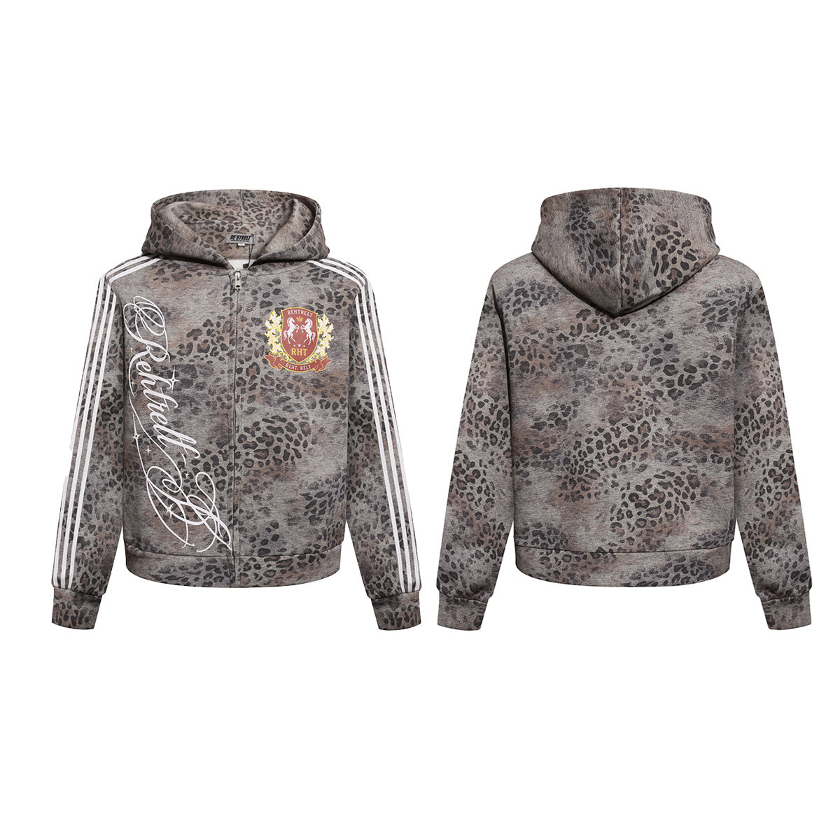 Leo-Print-Zip-Hoodie mit Streifenärmeln und Wappen-Grafik